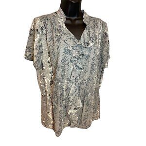 Covington Gray Patterned Ruffle Front Short Sleeved Blouse Sz L